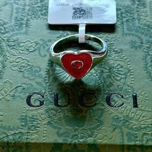 Women's Gucci Silver Heart Ring with Red Enamel, Sz 7